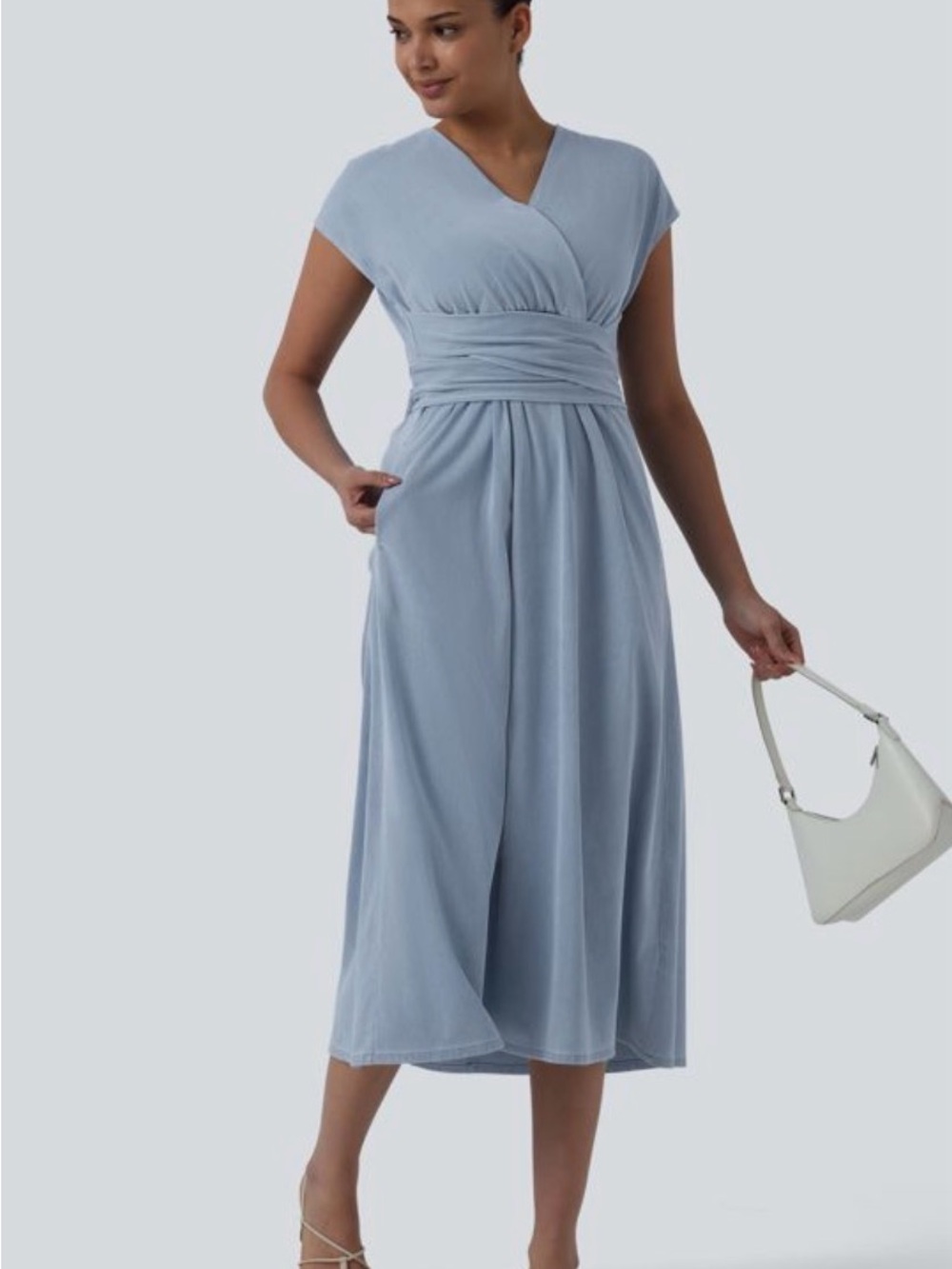HALARA Soft Powder Blue Wrap-Like Midi Dress